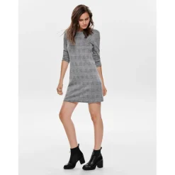 Robe courte Carreaux Col rond Manches 3/4 Au-dessus du genou noir