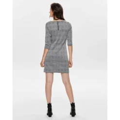 Robe courte Carreaux Col rond Manches 3/4 Au-dessus du genou noir