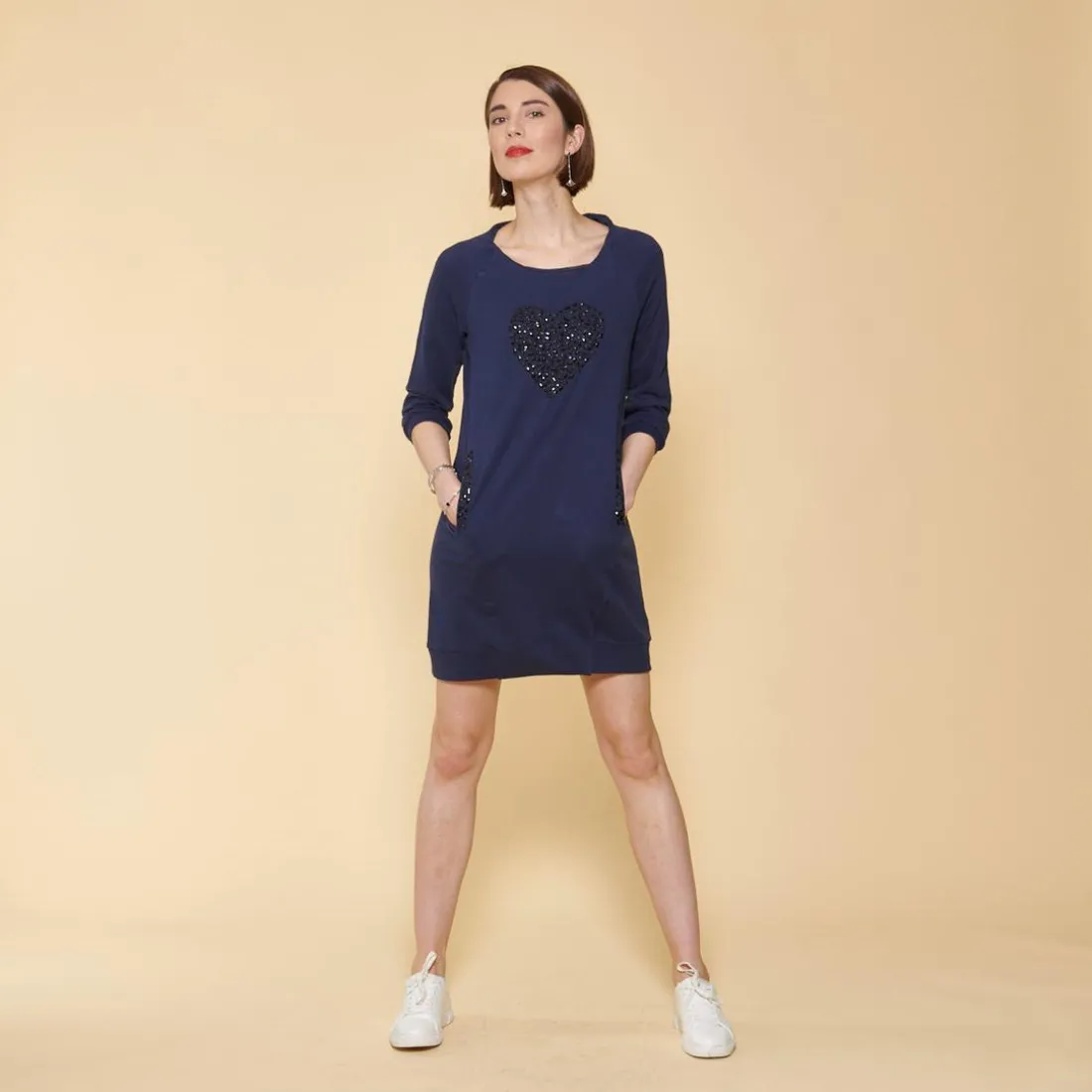 Robe courte cintrée manches 3/4 bas côtelé et poches femme - Bleu Indigo en coton