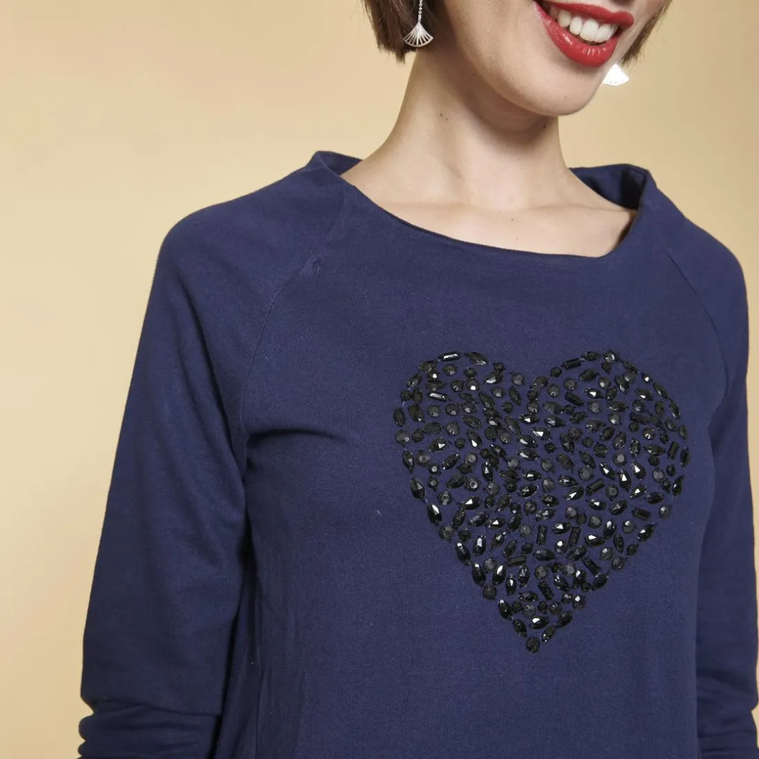 Robe courte cintrée manches 3/4 bas côtelé et poches femme - Bleu Indigo en coton