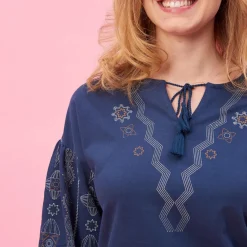 Robe courte col caftan manches longues avec imprimés femme - Bleu Nuit en coton