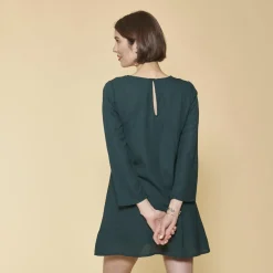 Robe courte col en V brodé manches longues évasées femme - Vert Bouteille