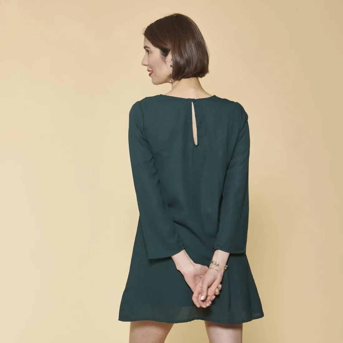 Robe courte col en V brodé manches longues évasées femme - Vert Bouteille