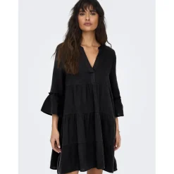 Robe courte Col fendu Manches 3/4 gris noir en coton