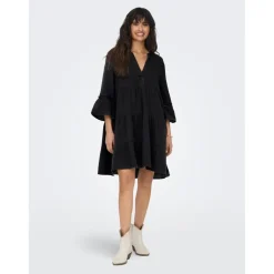 Robe courte Col fendu Manches 3/4 gris noir en coton