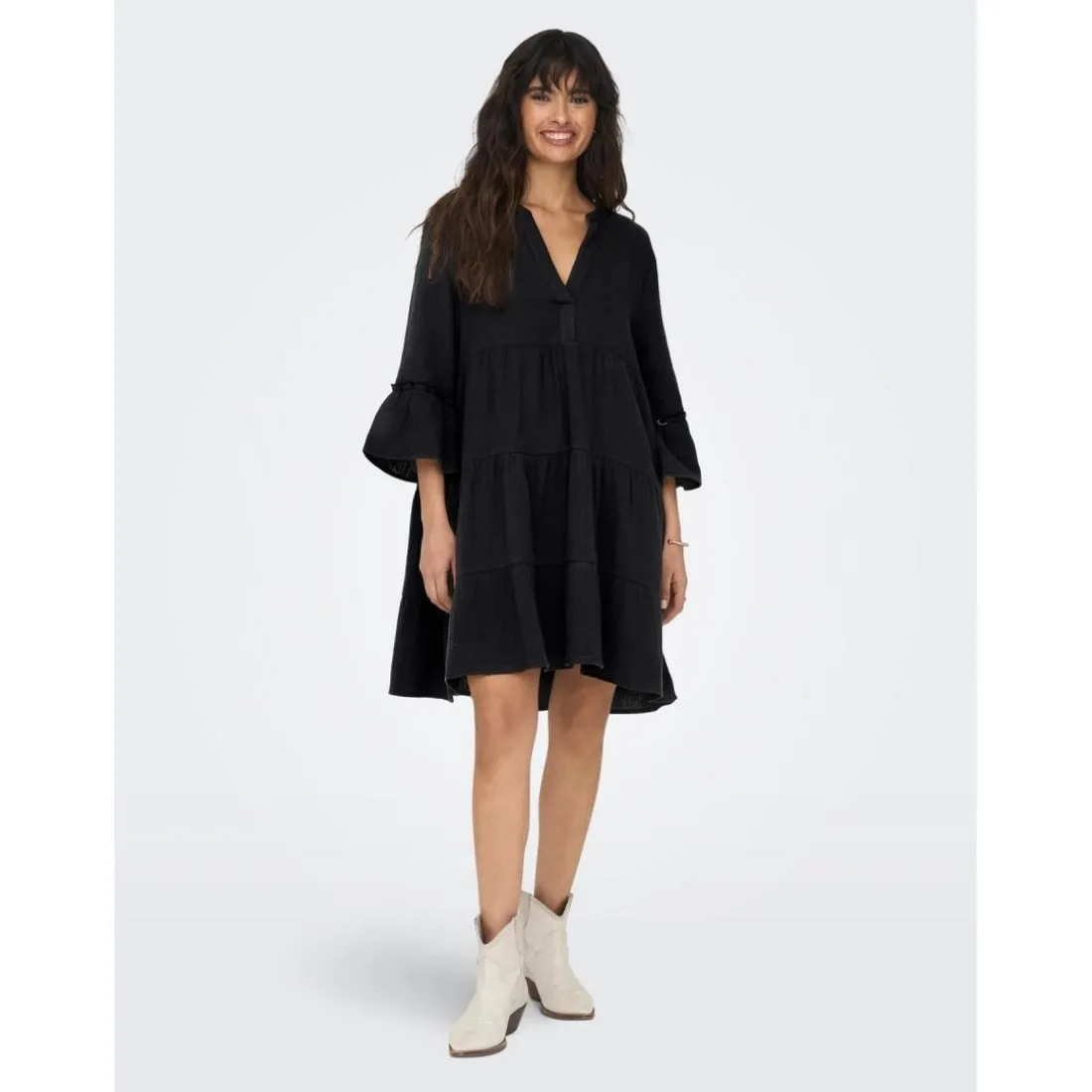 Robe courte Col fendu Manches 3/4 gris noir en coton