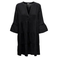 Robe courte Col fendu Manches 3/4 gris noir en coton