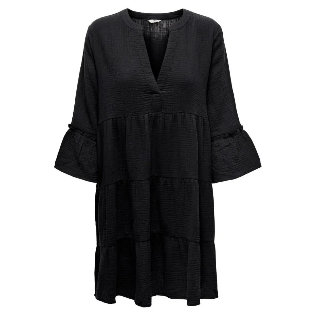 Robe courte Col fendu Manches 3/4 gris noir en coton