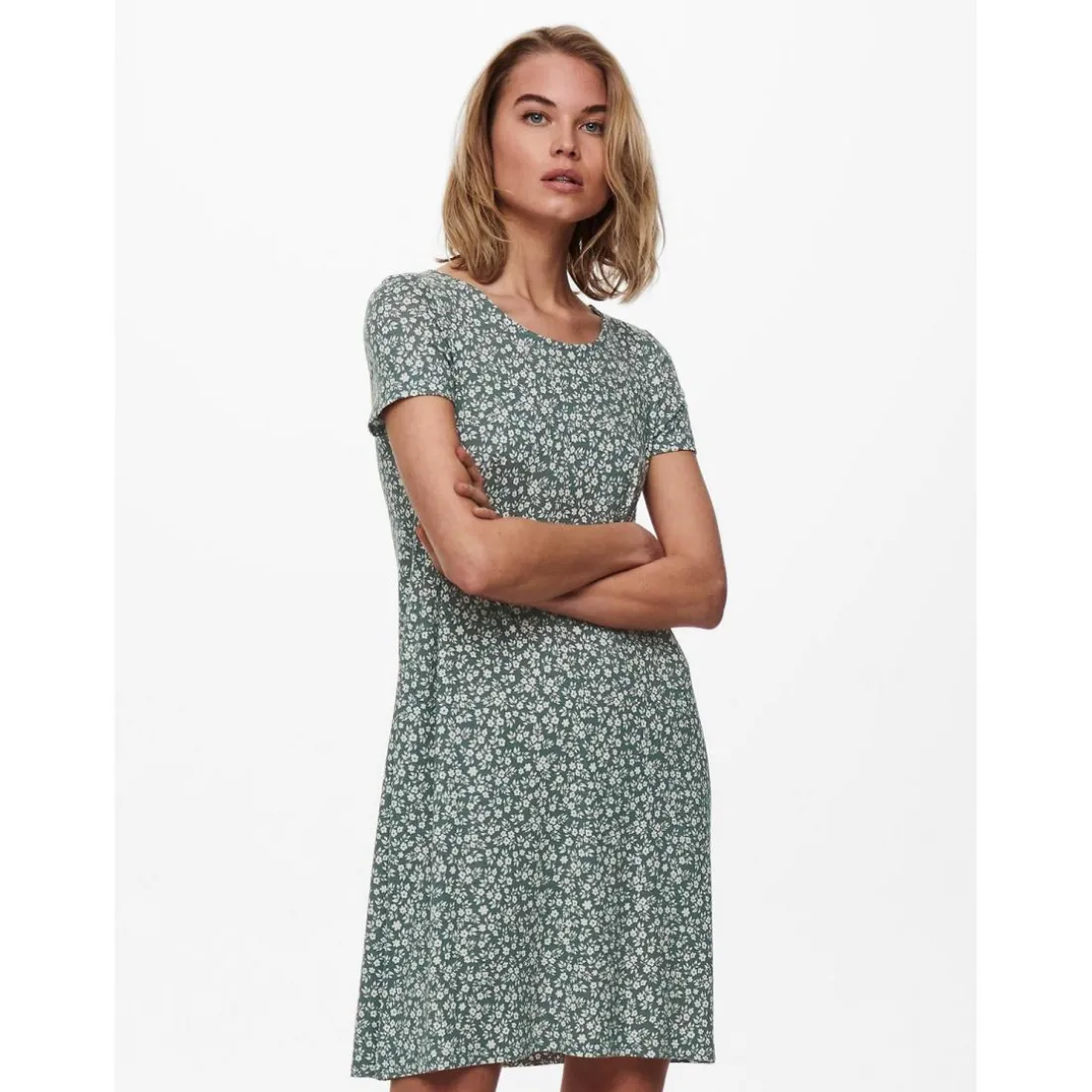 Robe courte Col rond Manches courtes Dentelle féminine Au-dessus du genou vert en viscose