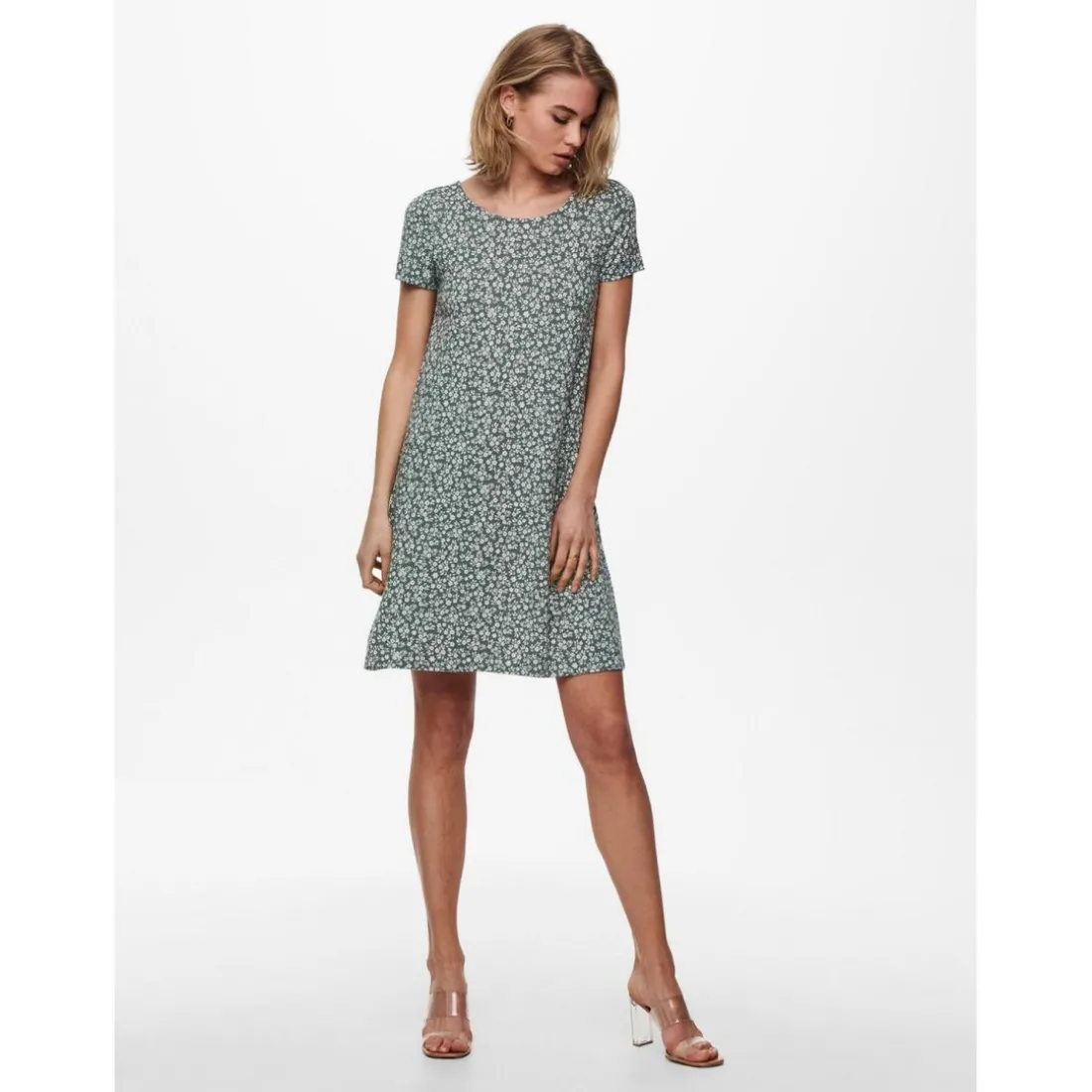 Robe courte Col rond Manches courtes Dentelle féminine Au-dessus du genou vert en viscose