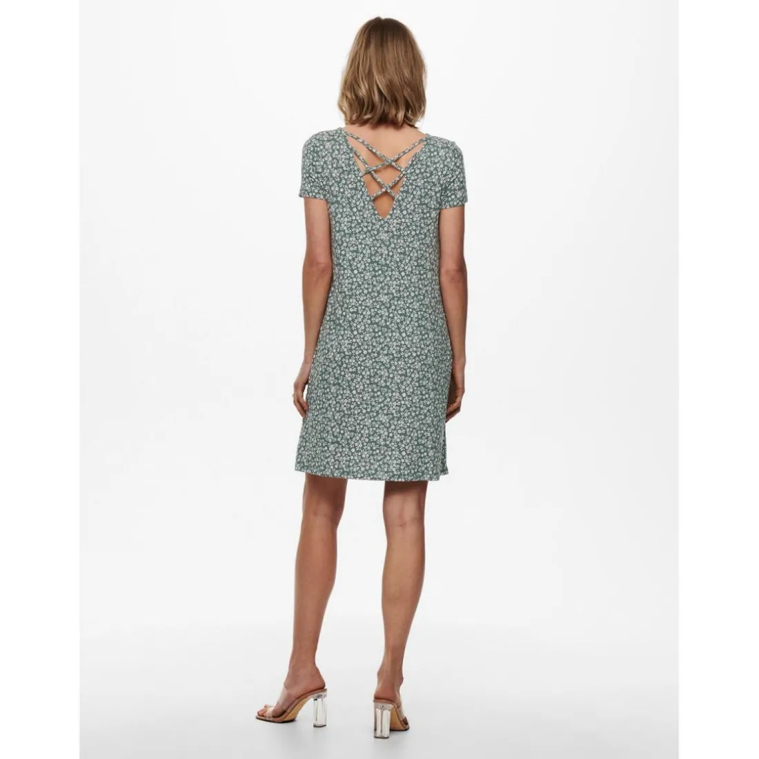 Robe courte Col rond Manches courtes Dentelle féminine Au-dessus du genou vert en viscose