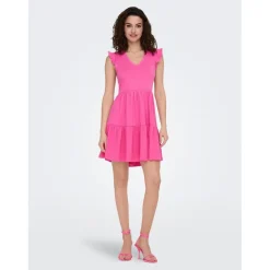 Robe courte Col rond Manches courtes Au-dessus du genou rose en coton