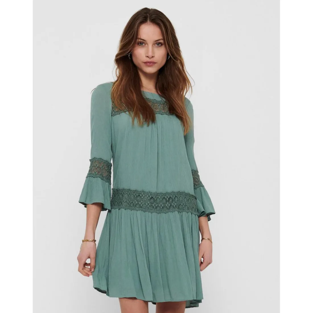 Robe courte Col rond Manches 3/4 Au-dessus du genou vert en viscose