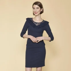 Robe courte empiècement dentelle et volants manches 3/4 femme - Bleu Marine