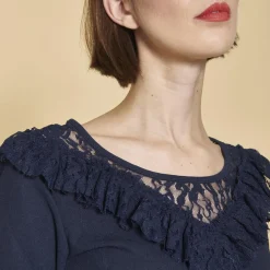 Robe courte empiècement dentelle et volants manches 3/4 femme - Bleu Marine