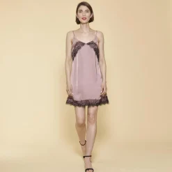 Robe courte fines bretelles ajustables col V et dentelle femme - Rose Pâle