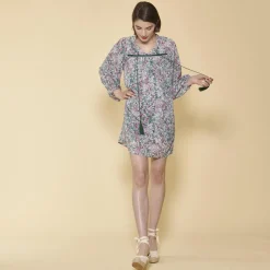 Robe courte froncée manches longues femme - imprimé vert mousse