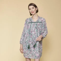 Robe courte froncée manches longues femme - imprimé vert mousse