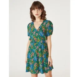 Robe courte impirmée portefeuille vert en viscose