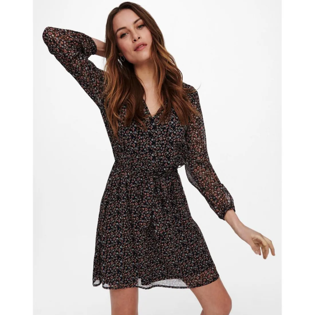 Robe courte Imprimé all over Col en V Manches 3/4 Ceinture accentuant la taille bleu