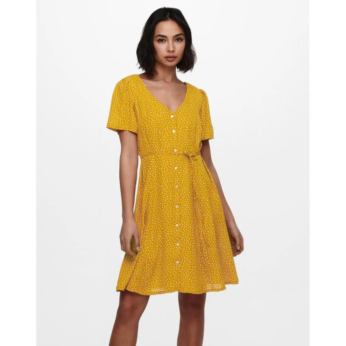 Robe courte Imprimé all over Col en V Manches courtes Cordon d'attache Au-dessus du genou jaune