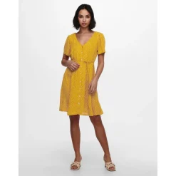 Robe courte Imprimé all over Col en V Manches courtes Cordon d'attache Au-dessus du genou jaune