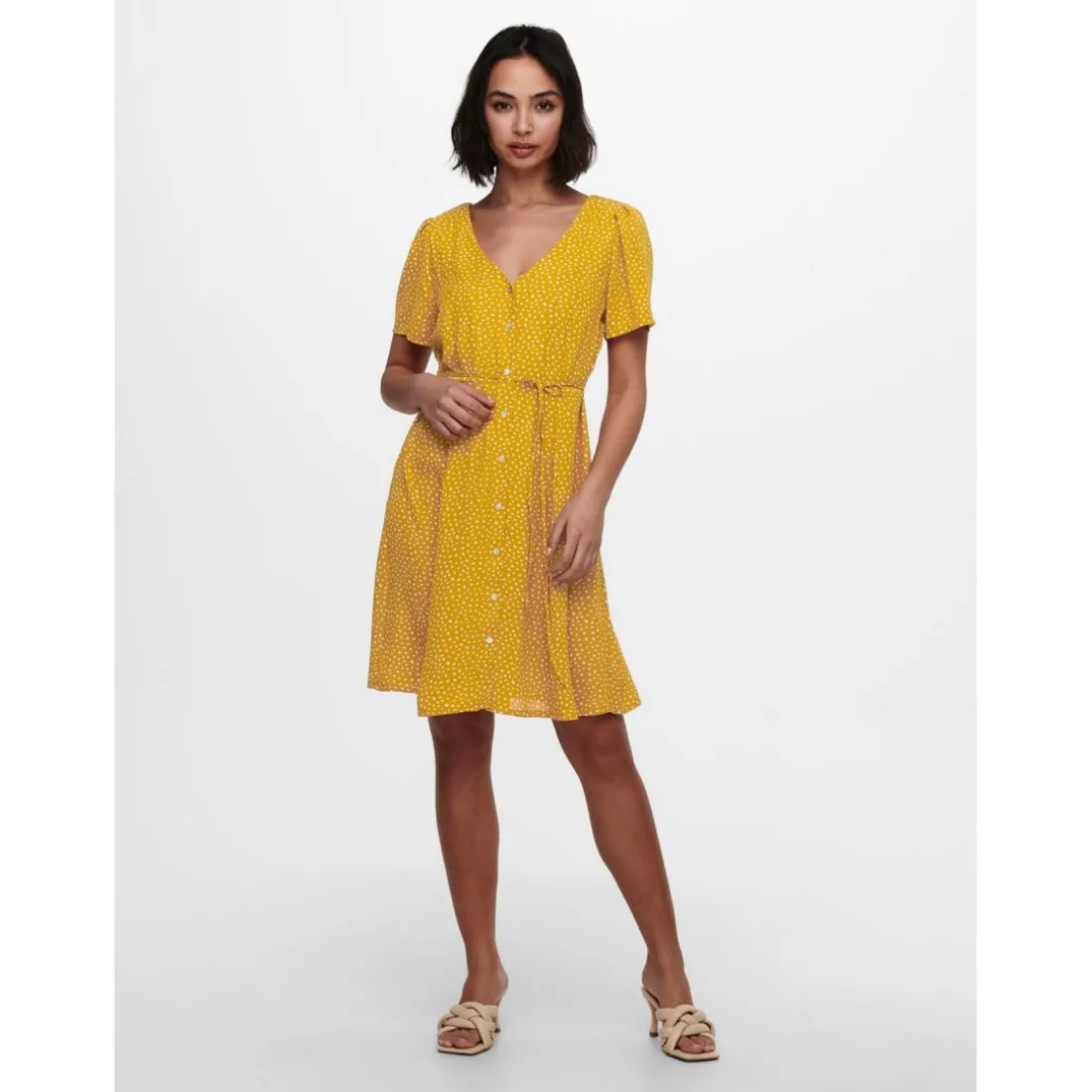 Robe courte Imprimé all over Col en V Manches courtes Cordon d'attache Au-dessus du genou jaune