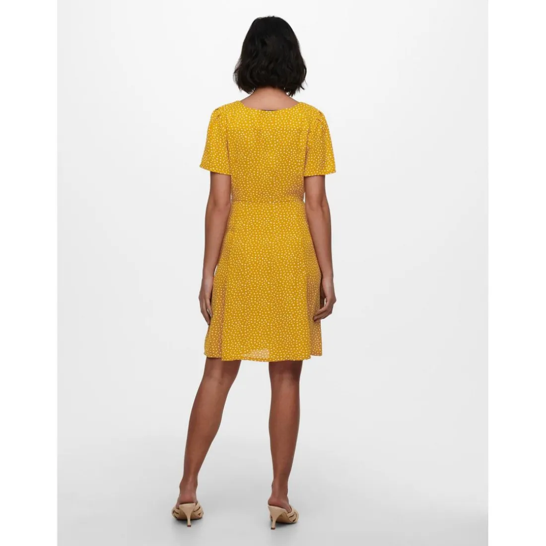 Robe courte Imprimé all over Col en V Manches courtes Cordon d'attache Au-dessus du genou jaune