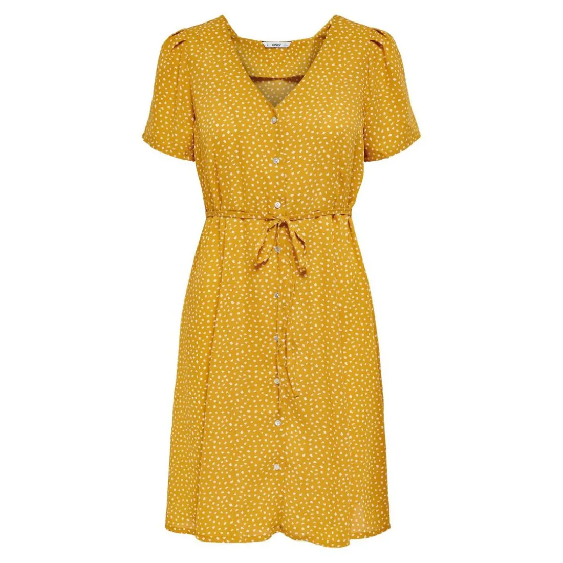 Robe courte Imprimé all over Col en V Manches courtes Cordon d'attache Au-dessus du genou jaune