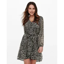Robe courte Imprimé all over Col en V Manches 3/4 Ceinture accentuant la taille beige