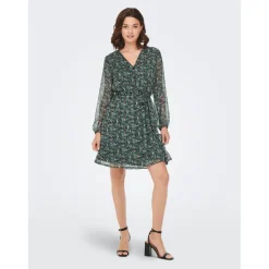 Robe courte Imprimé all over Col en V Manches 3/4 Ceinture accentuant la taille vert