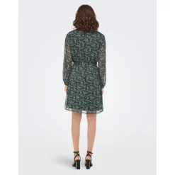 Robe courte Imprimé all over Col en V Manches 3/4 Ceinture accentuant la taille vert