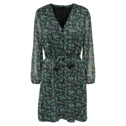 Robe courte Imprimé all over Col en V Manches 3/4 Ceinture accentuant la taille vert
