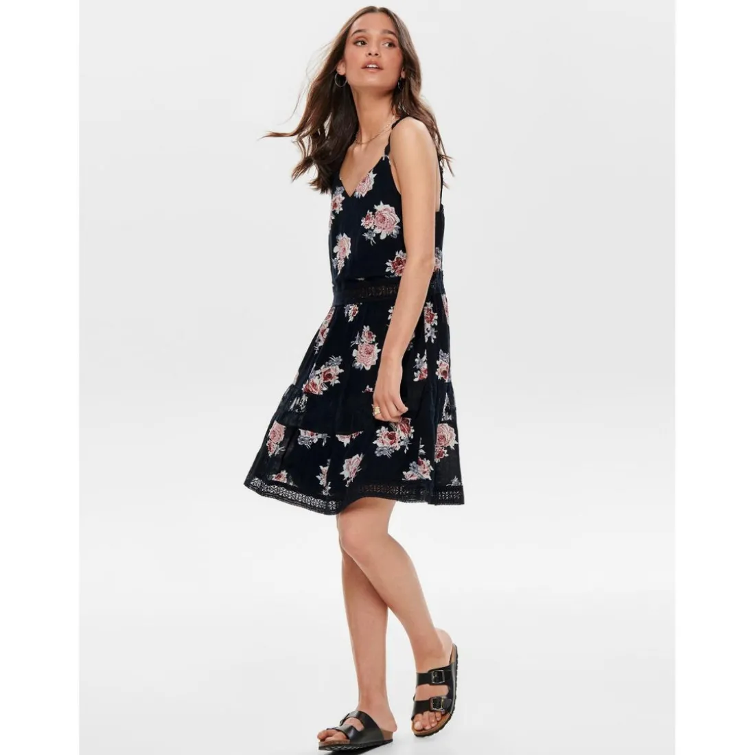 Robe courte Imprimé all over Col en V Sans manches Dentelle féminine Longueur mini bleu