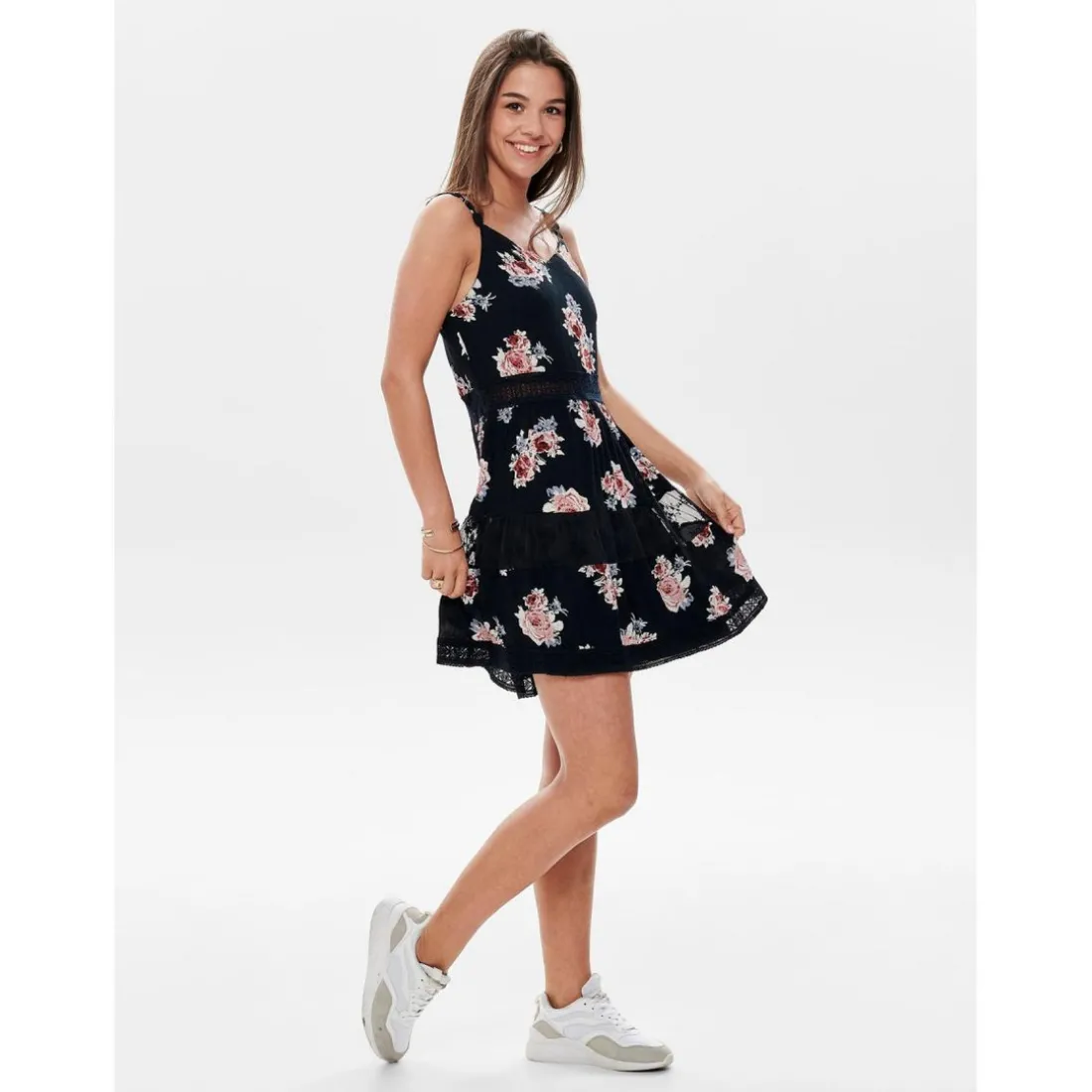 Robe courte Imprimé all over Col en V Sans manches Dentelle féminine Longueur mini bleu