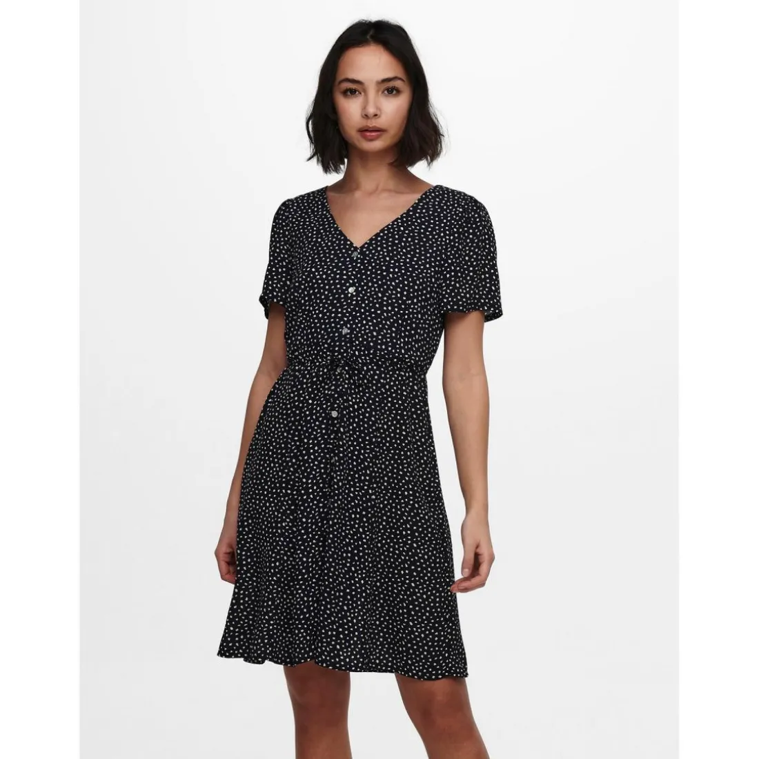 Robe courte Imprimé all over Col en V Manches courtes Cordon d'attache Au-dessus du genou bleu Dina