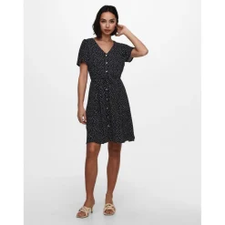 Robe courte Imprimé all over Col en V Manches courtes Cordon d'attache Au-dessus du genou bleu Dina