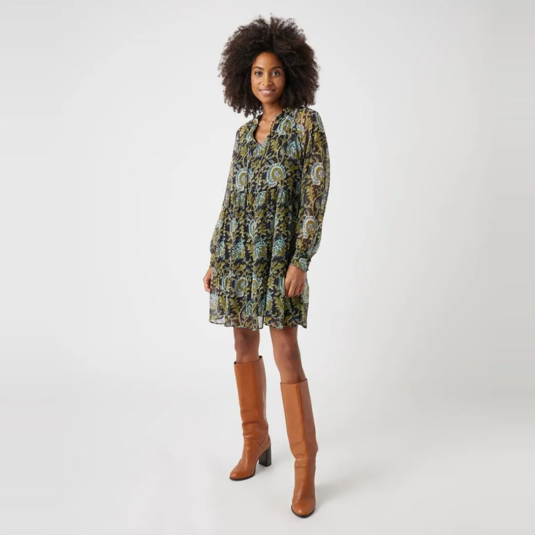 Robe courte imprimée col nouette bleu