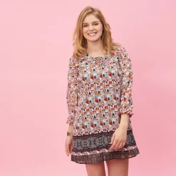 Robe courte imprimée col V et cordons manches longues élastiquées femme - Imprimé Beige multicolore