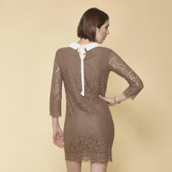 Robe courte manches 3/4 bas ondulés femme - pois marron