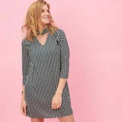 Robe courte manches 3/4 imprimée femme - Imprimé Vert