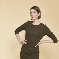 Robe courte manches 3/4 taille pièce ondulée femme - Kaki