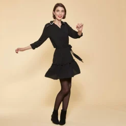 Robe courte manches longues taille élastique et ceinture contrastée femme - Noir