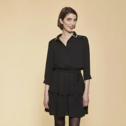 Robe courte manches longues taille élastique et ceinture contrastée femme - Noir
