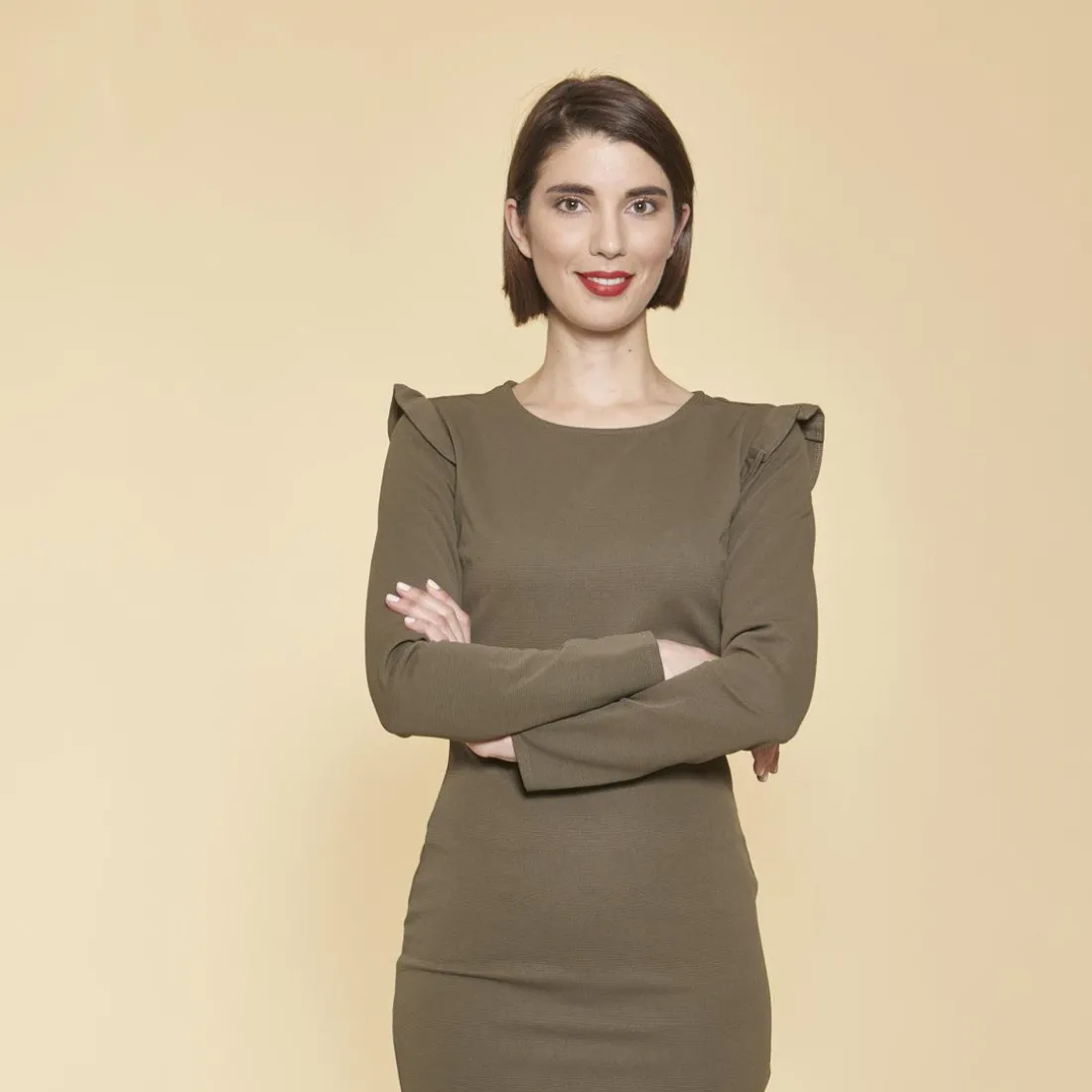 Robe courte manches longues avec volants femme - Kaki