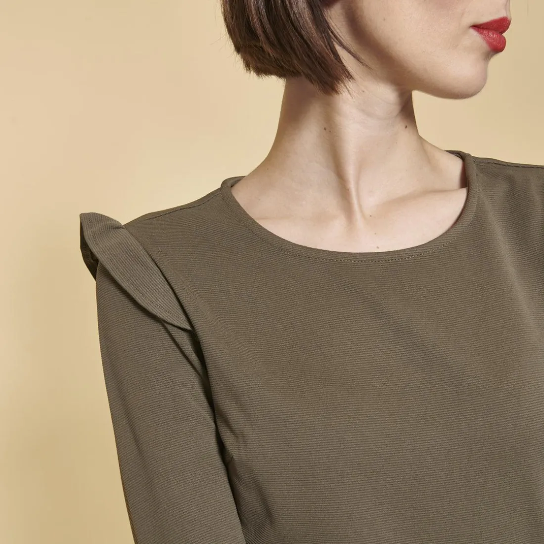 Robe courte manches longues avec volants femme - Kaki