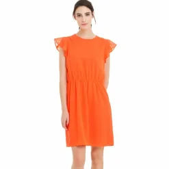 Robe courte manches papillon encolure ronde plumetis femme - Orange