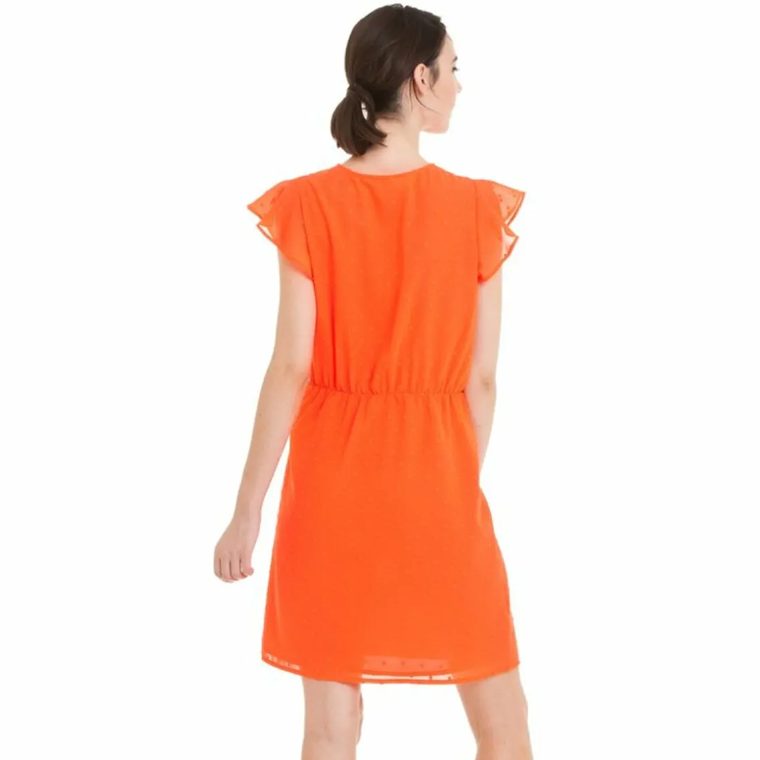 Robe courte manches papillon encolure ronde plumetis femme - Orange