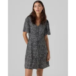 Robe courte Regular Fit Imprimé all over Col en V Manches courtes Court noir Elise