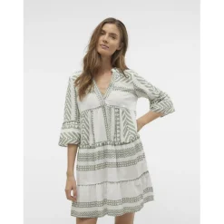 Robe courte tunique court col en v manches larges manches 3/4 blanc Pia